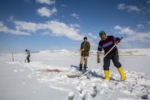 Buz Kaplı Gölde ‘Eskimo’ Usulü Balık Avı